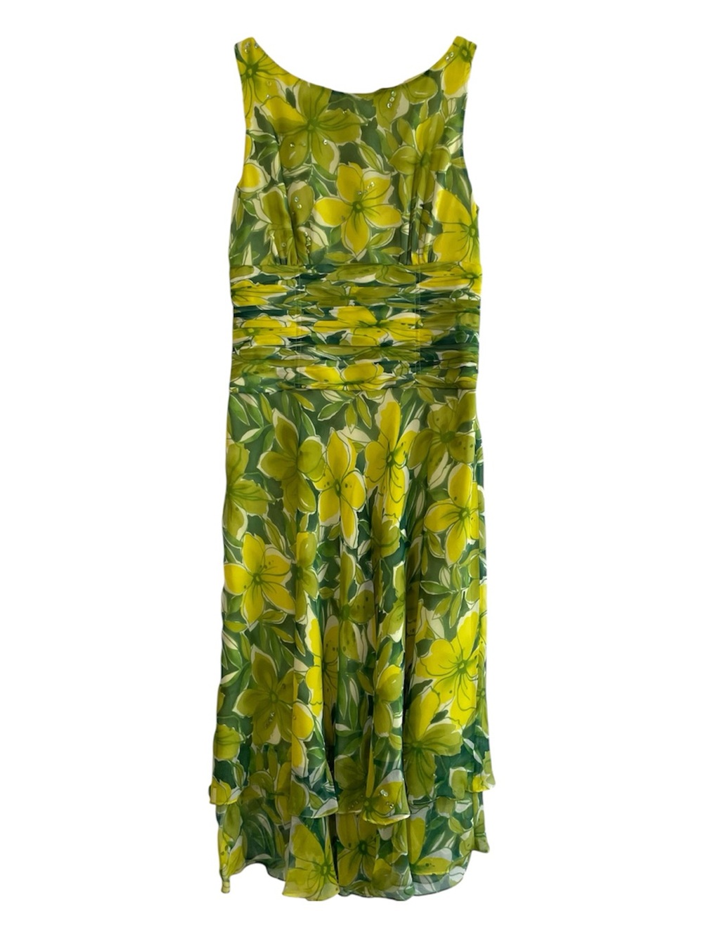 Silk Chartreuse & Green Floral Tiered Midi Dress Size 2